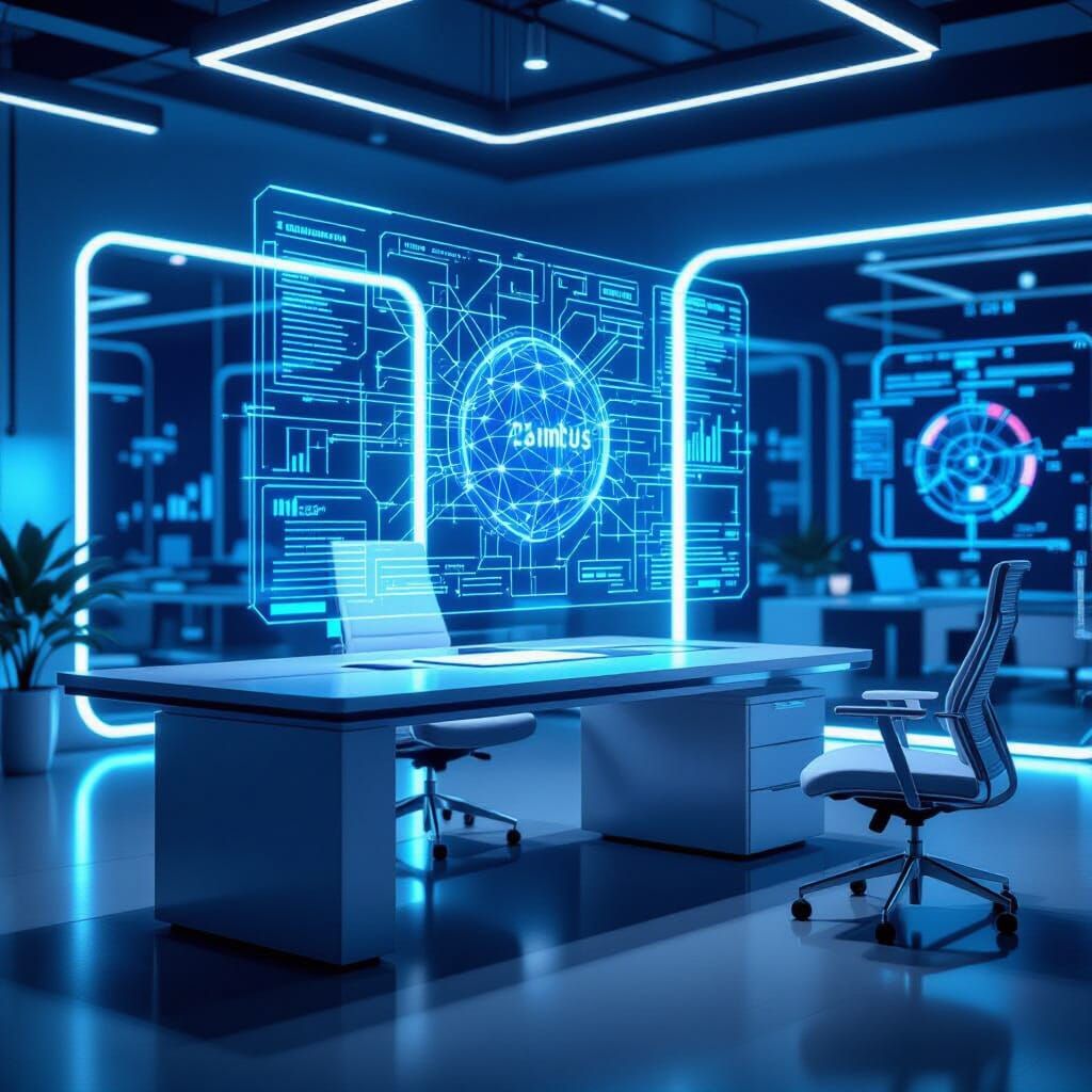 Futuristic Office With Holographic Network Diagram