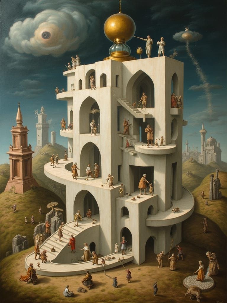 Surrealist Oil Painting of Impossible Structure with Hourgla...