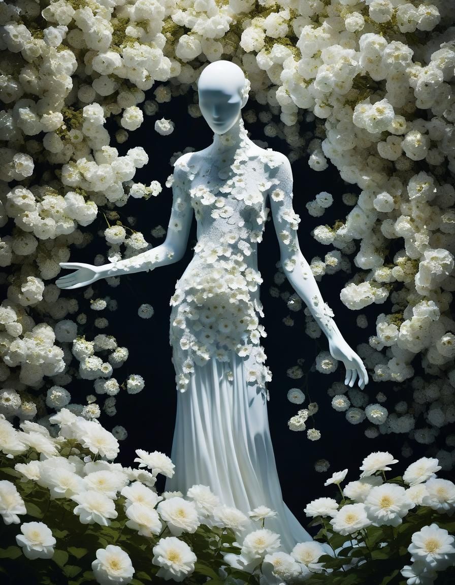 Shadowy Figure Engulfed in Vibrant White Flowers
