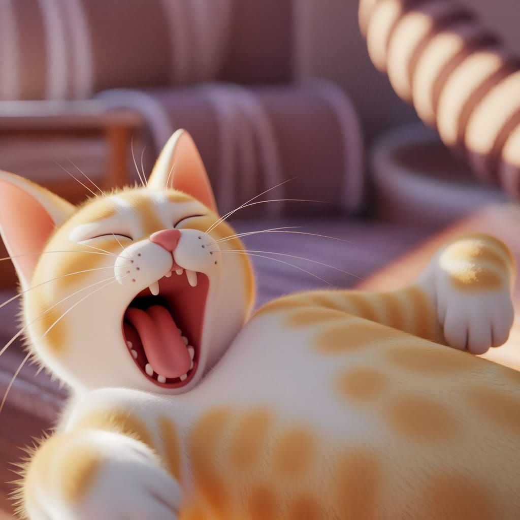 A blonde cat, laying down sideways, yawning