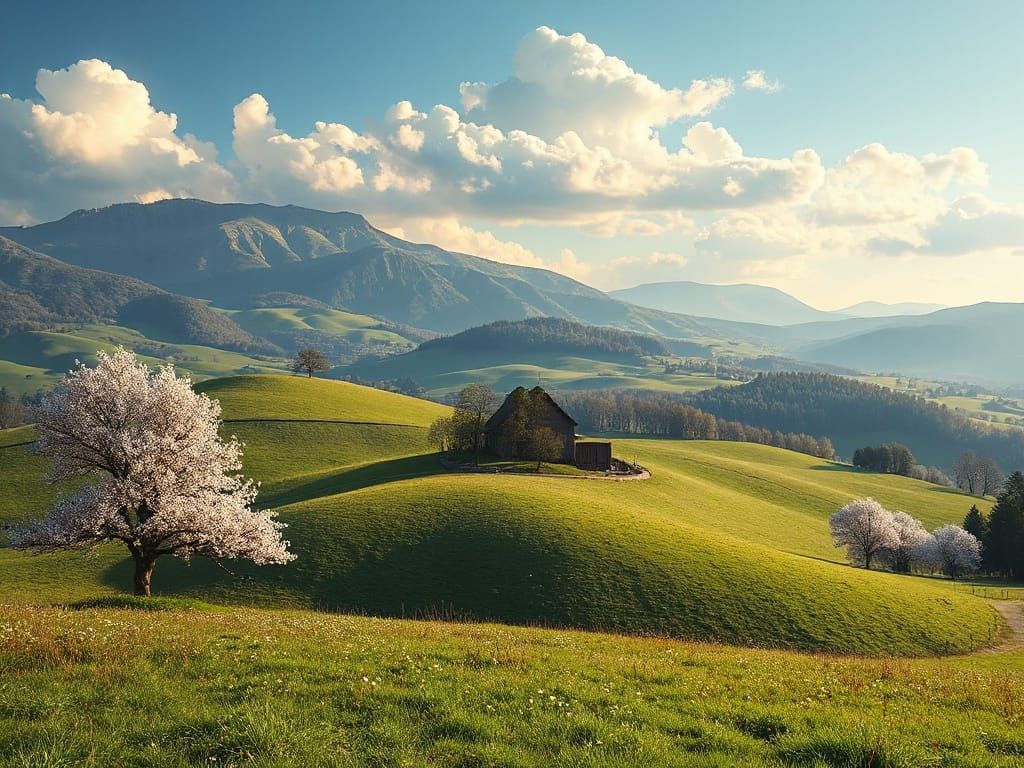 Rolling Hills Spring Landscape: Full Blossom Beauty