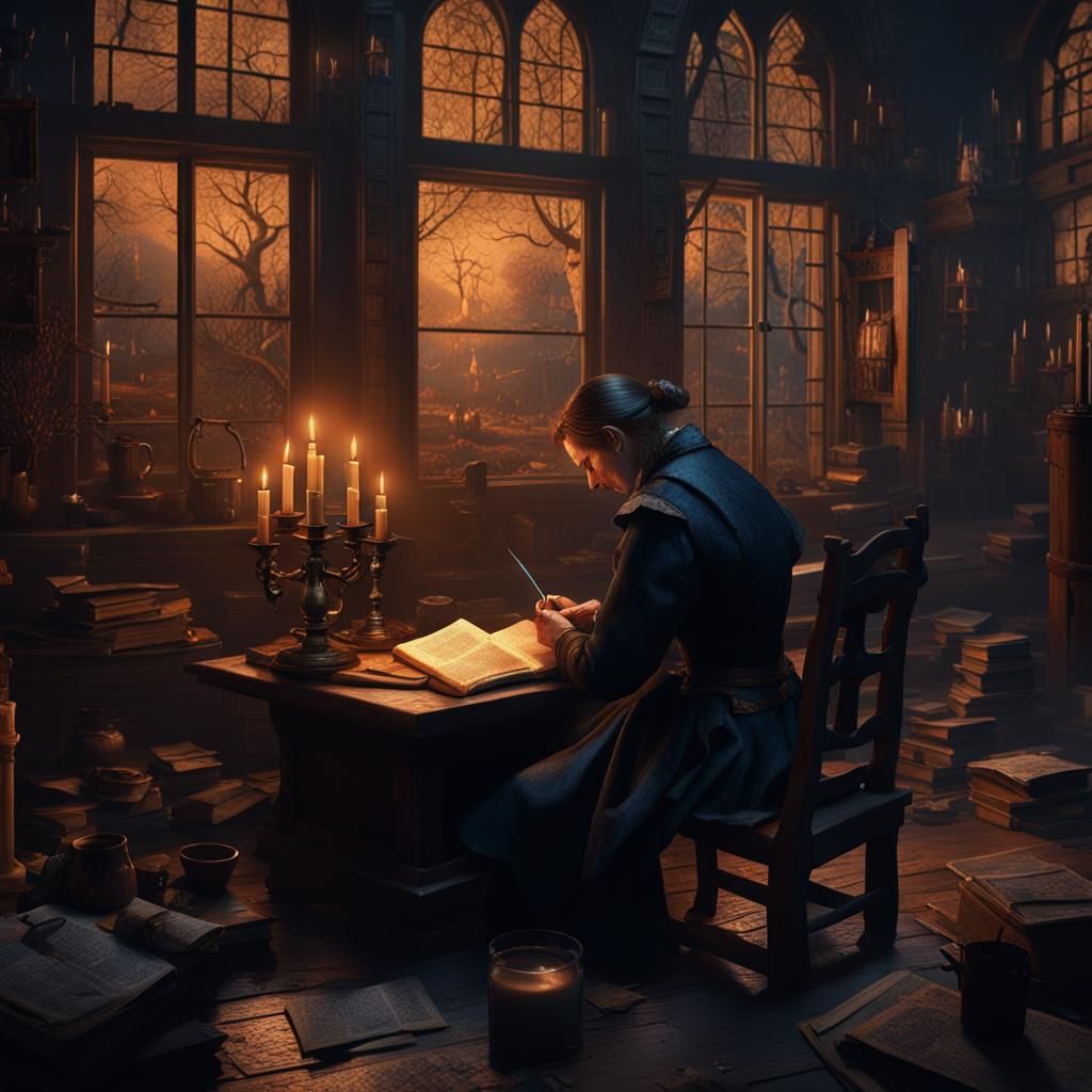 Somber 1600s Writer in Candlelight: Matte Painting