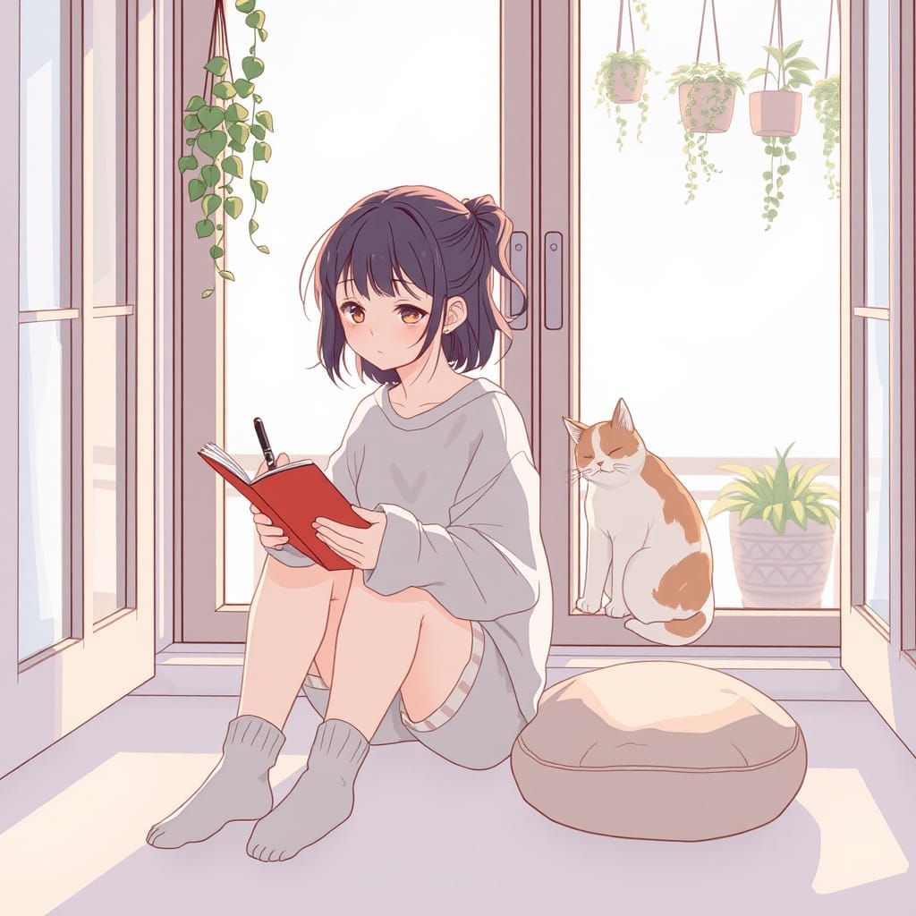Serenely Cozy Girl Reads by the Window with a Curled-Up Cat