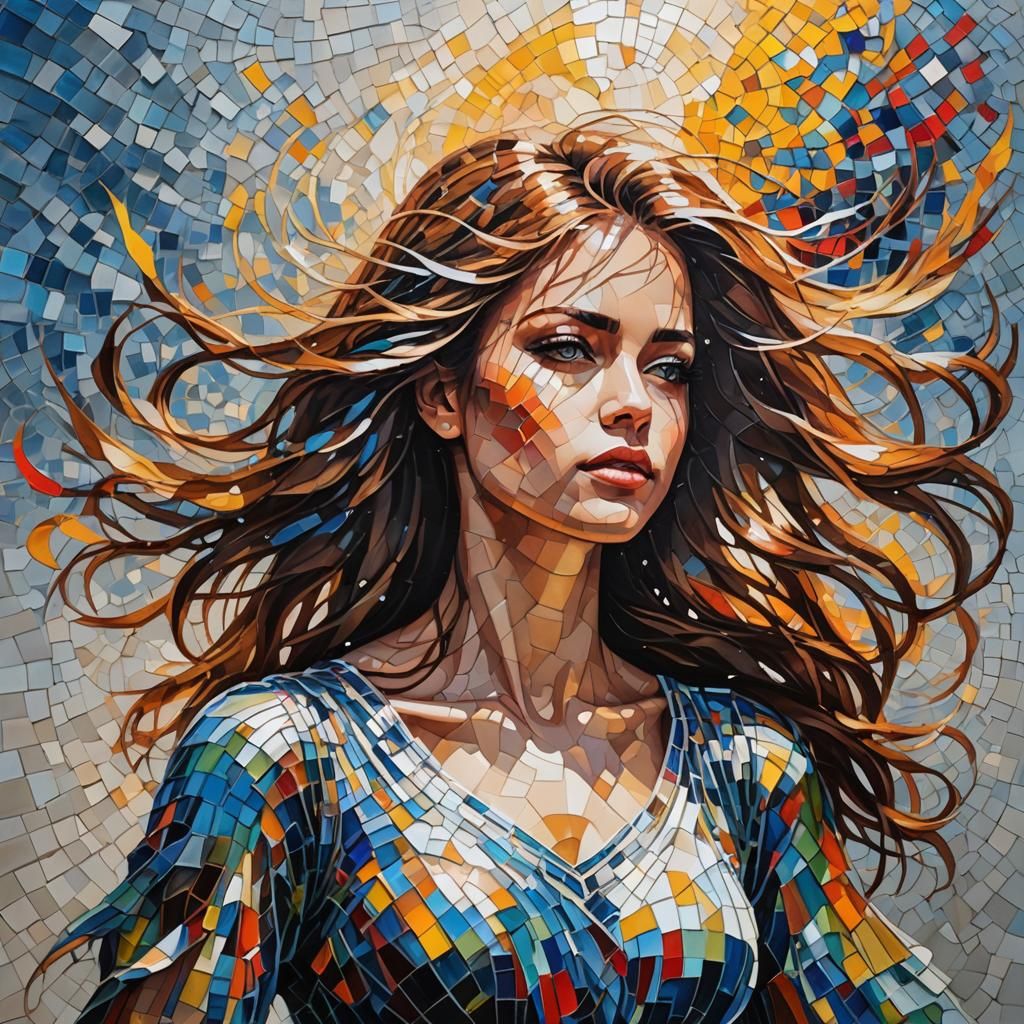 Glass Mosaic Portrait of Girl with Fluttering Hair