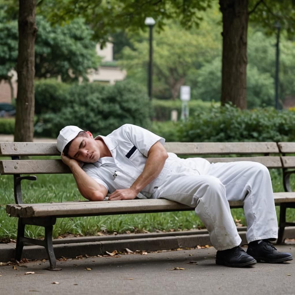 Janitor Sleeping in White Coveralls