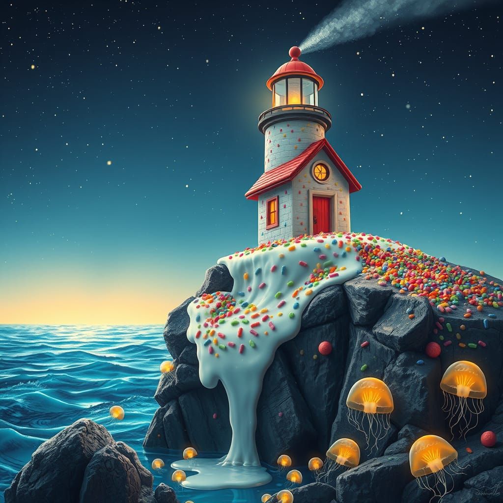 Ice Cream Lighthouse Melts in Starry Ocean