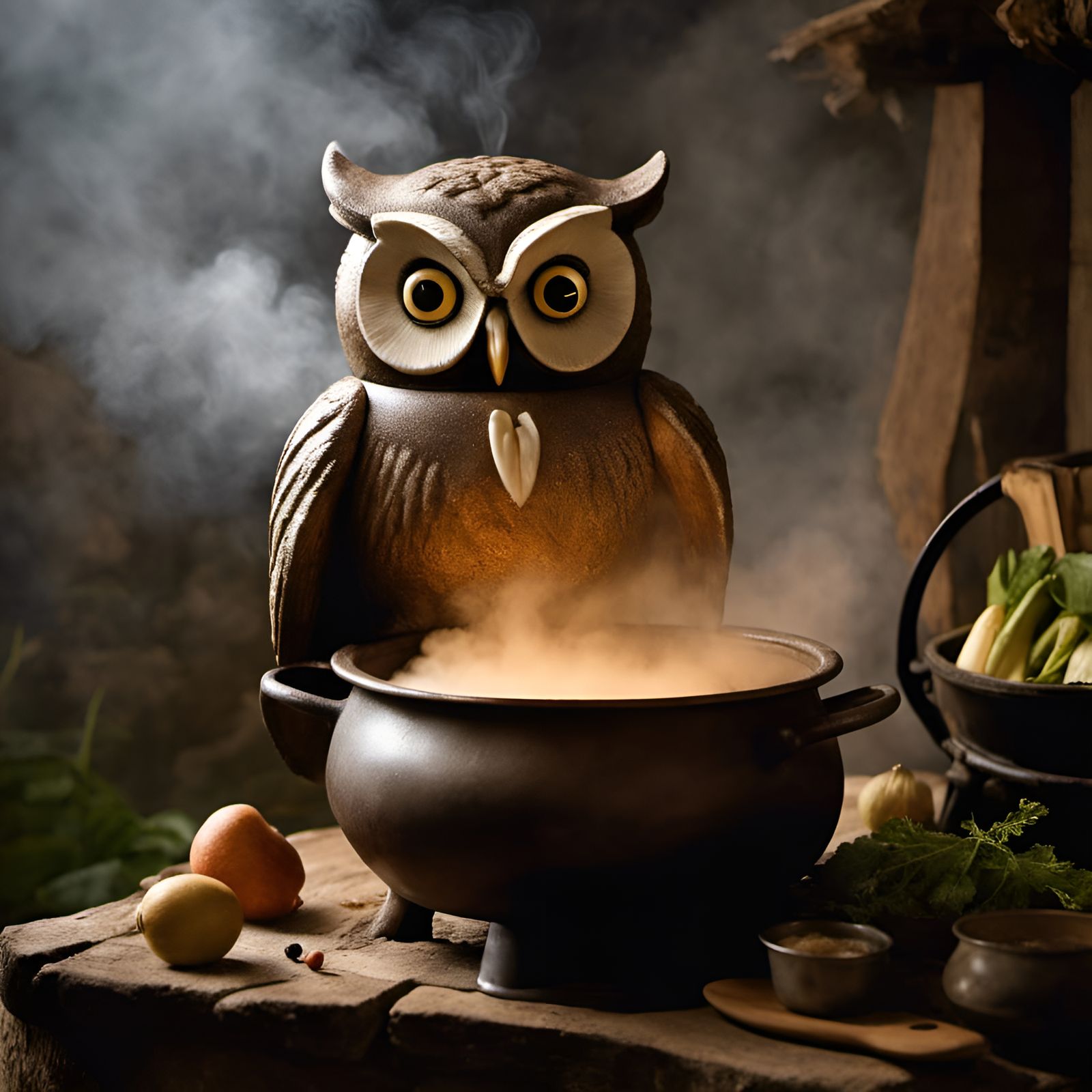 Anthropomorphic Owl Brewing Potion in Vintage Photo