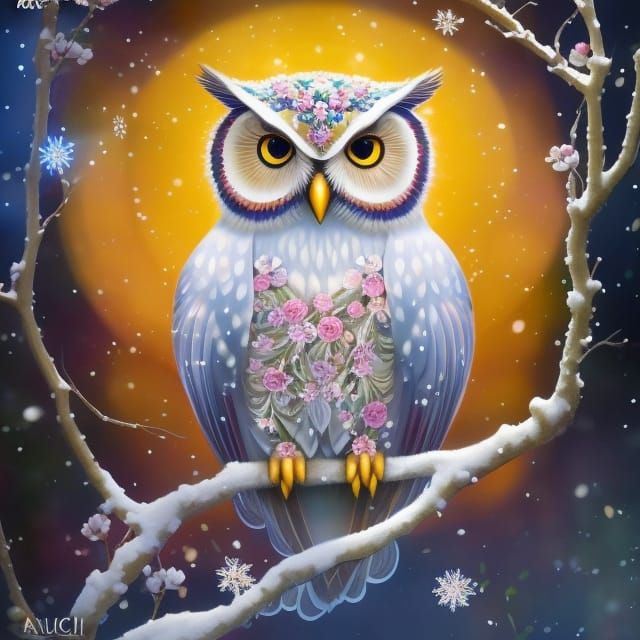 Floral Snowflake Owl: A Hyperrealistic Winter Masterpiece