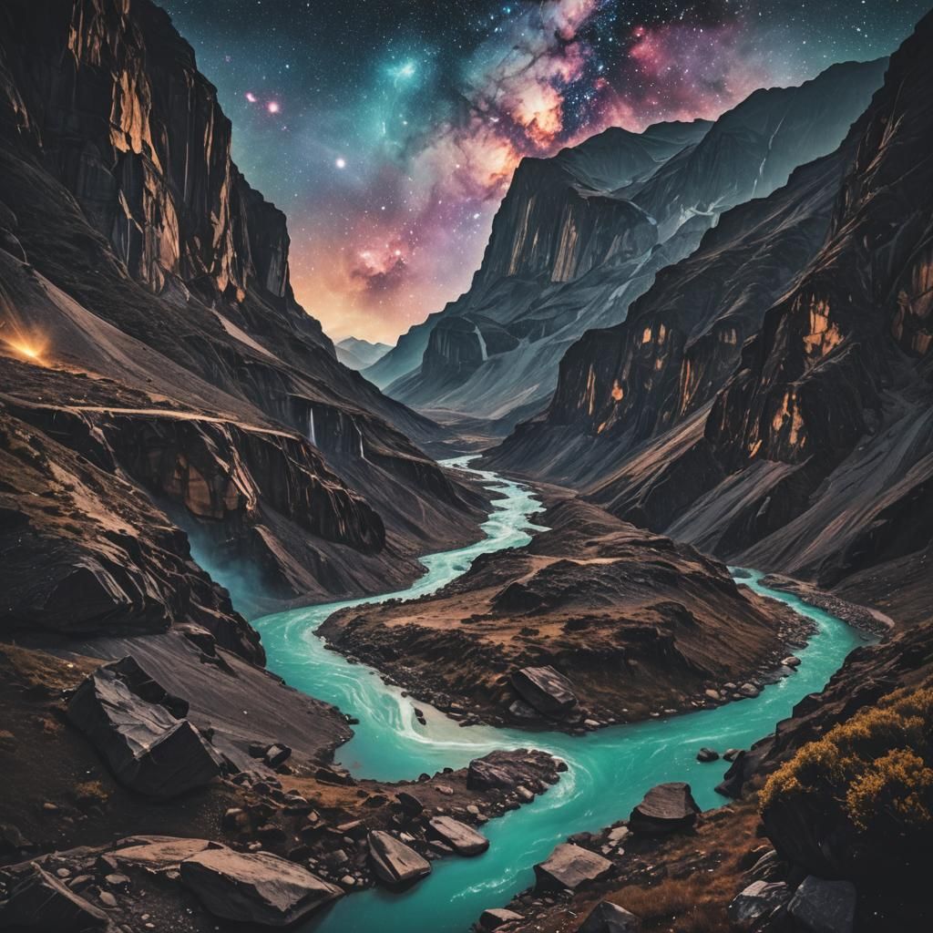 Epic Nebula Galaxy with River and Mountains