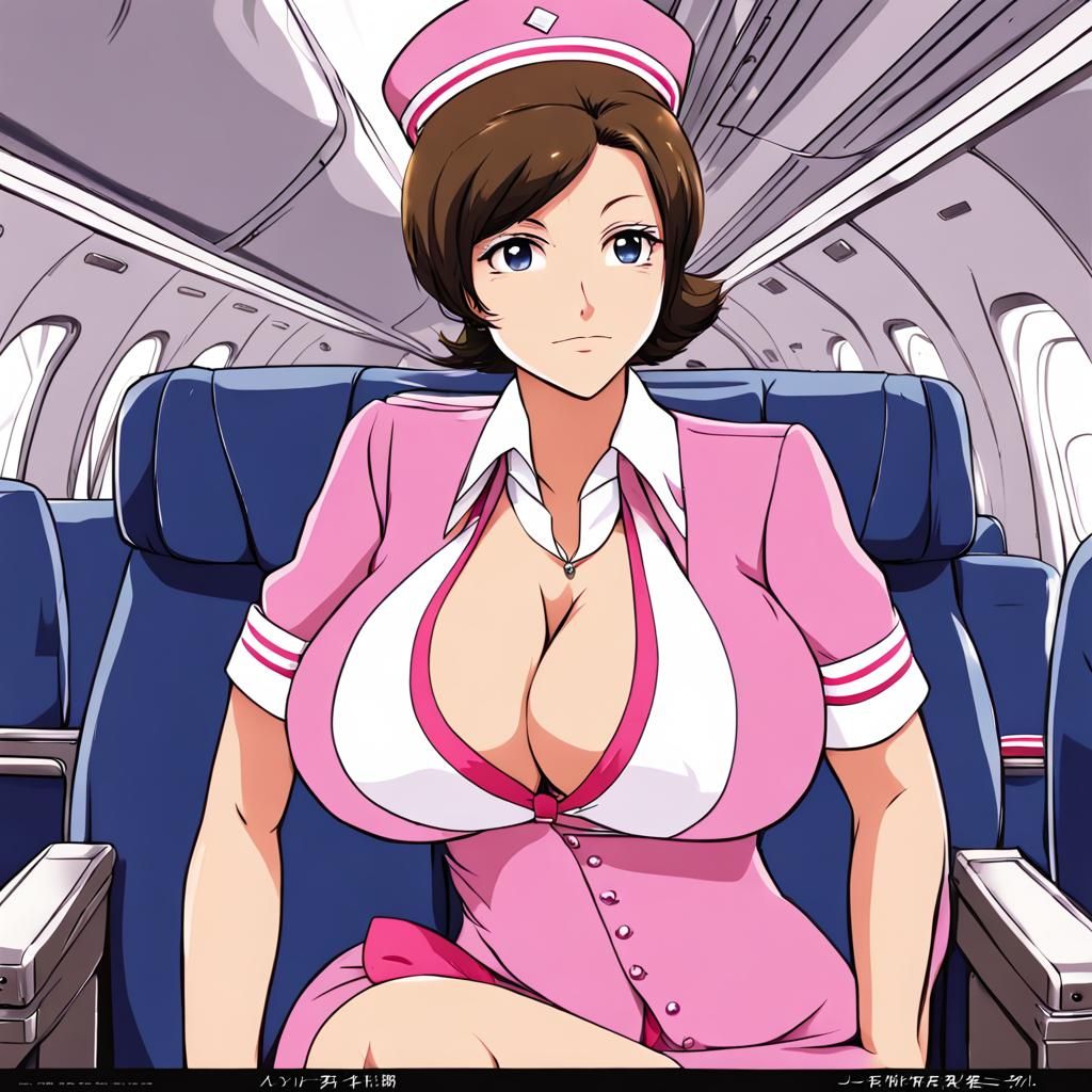 Anime Air Hostess with Pink Bra in Manga Style