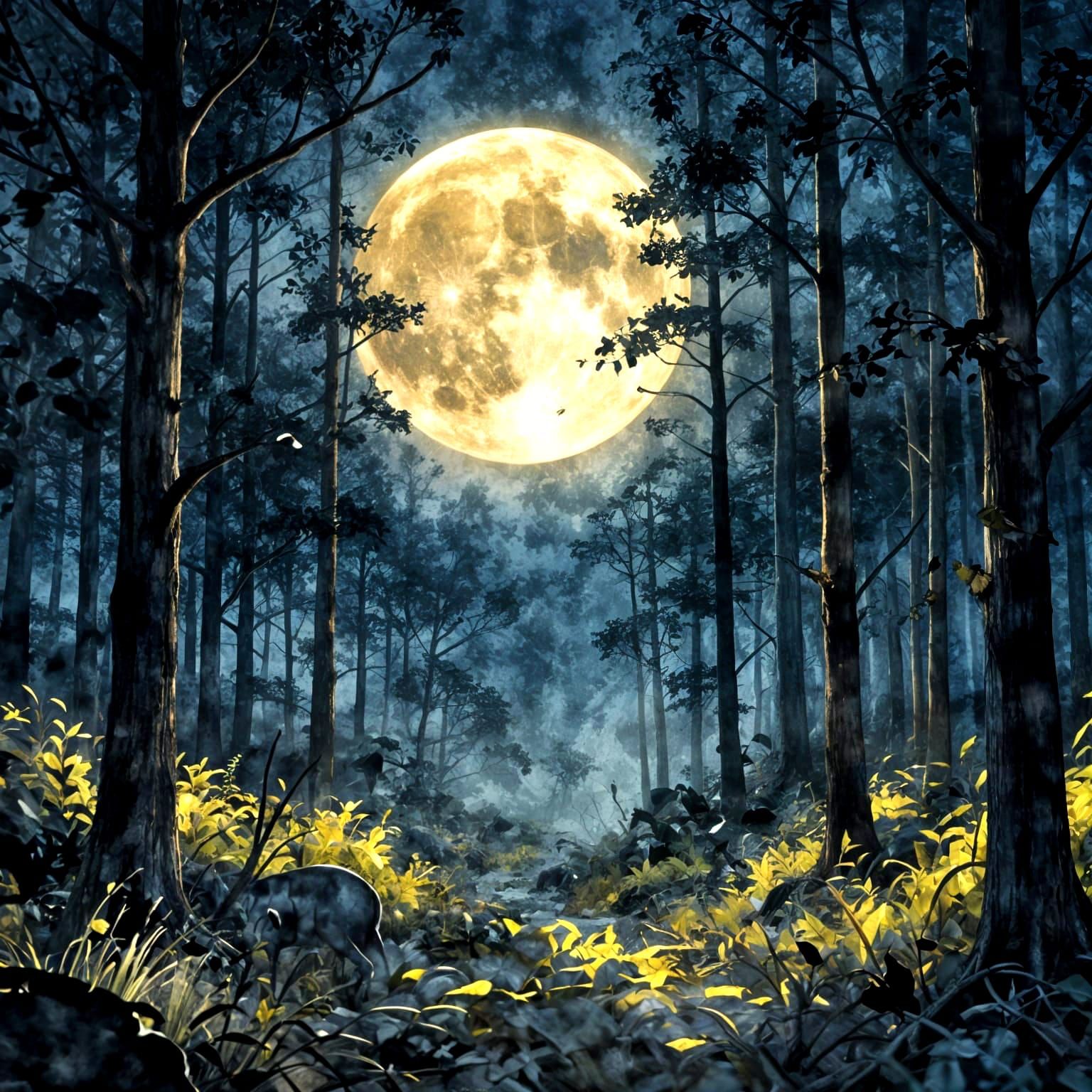 Dark Forest Under Full Moon in Watercolor Fantasy Style