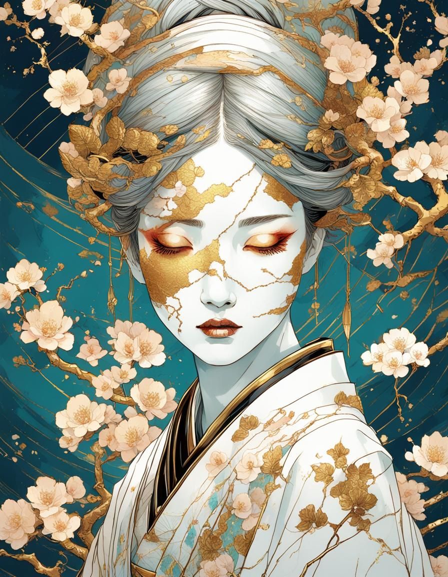 Cracked Porcelain Bust with Golden Kintsugi Repairs