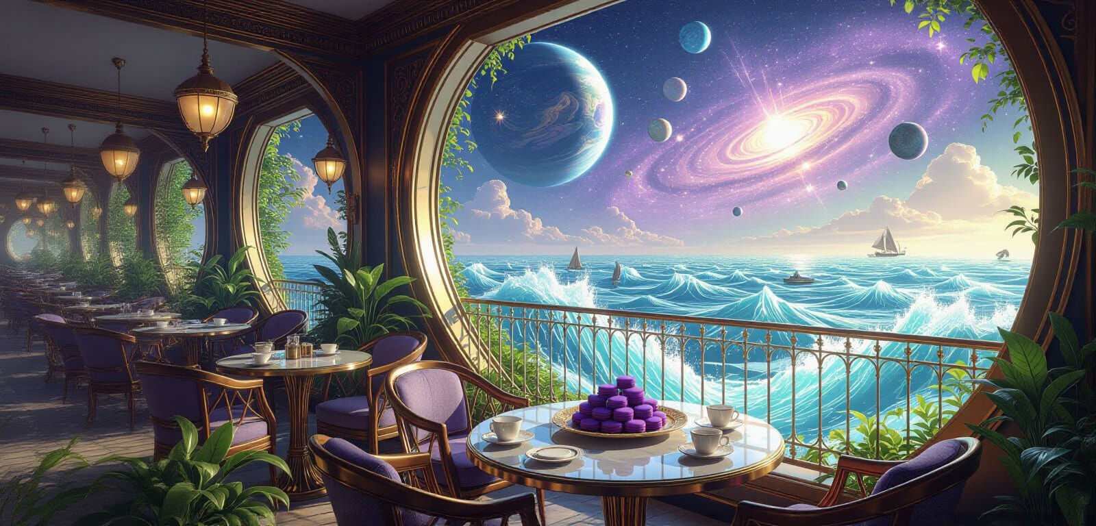 Midnight Cafe Balcony with Celestial Wonders