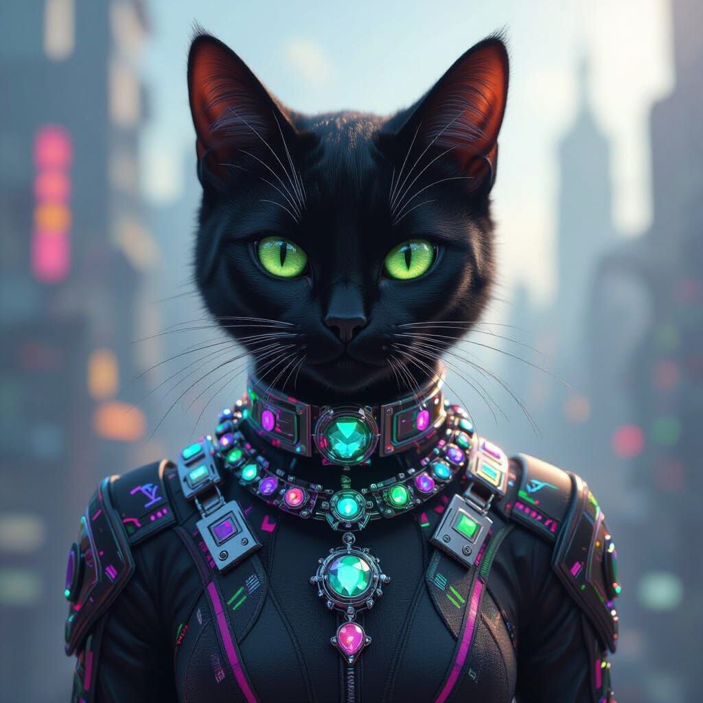Hyperrealistic Black Cat in Futuristic Anime Style