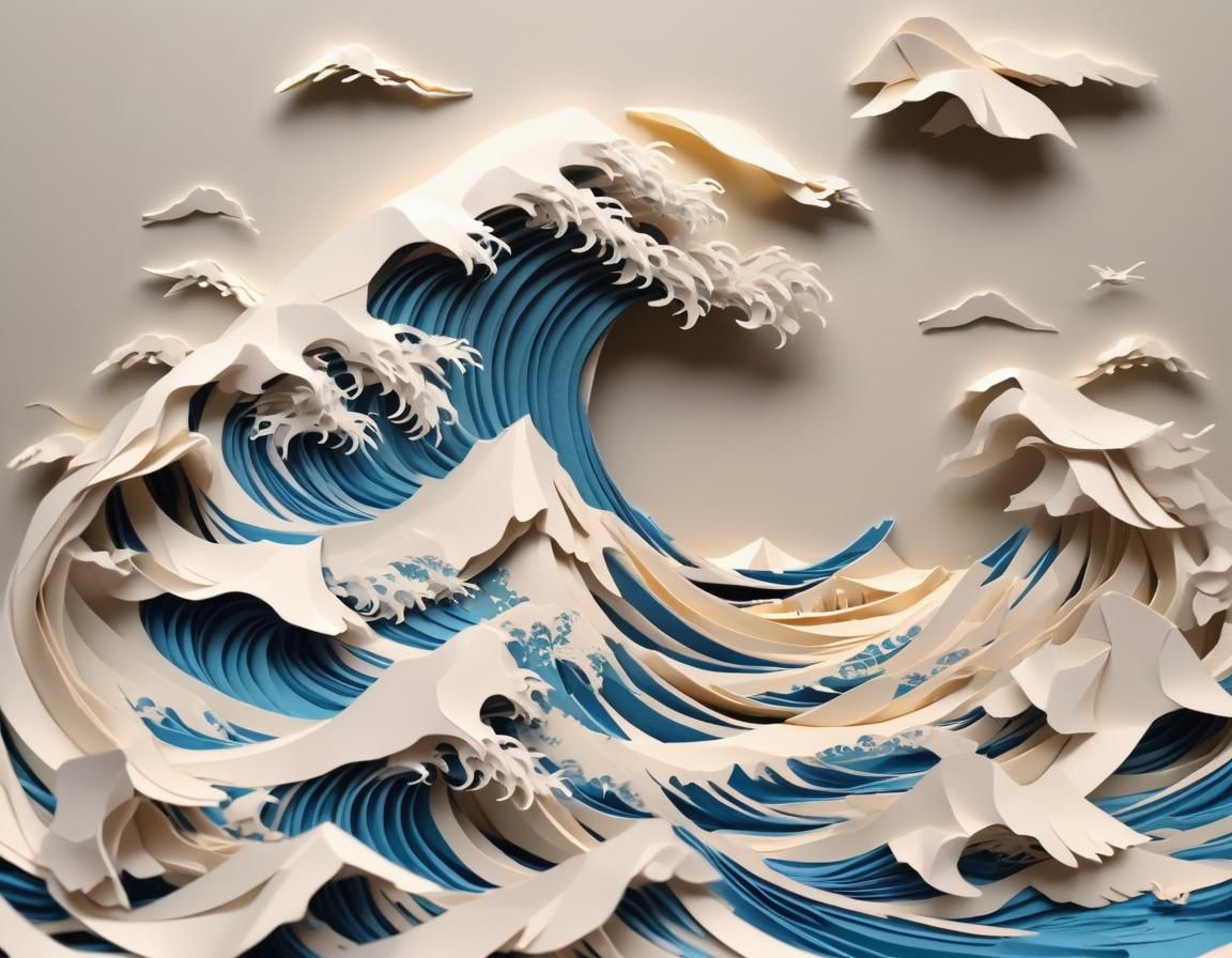Great Wave Off Kanagawa in Paper Art Style