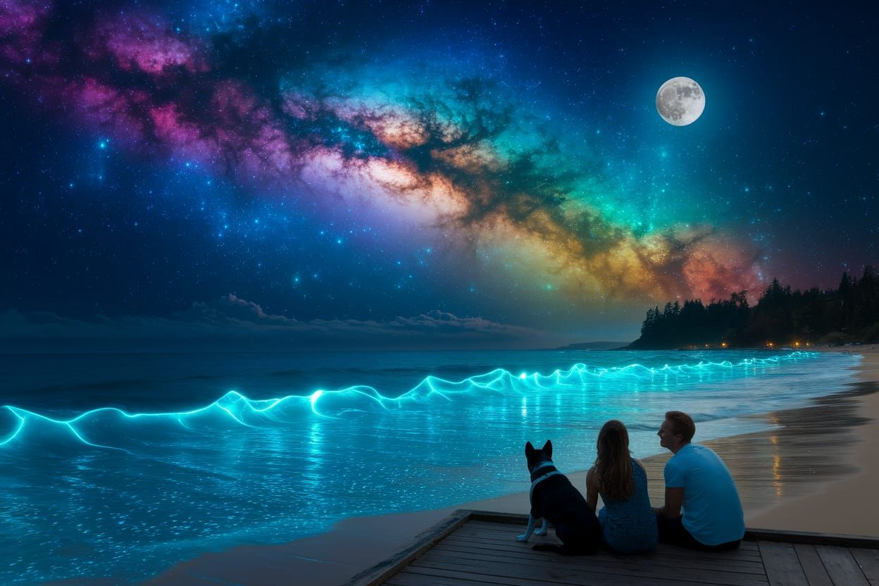 Couple and Dog Watch Bioluminescent Starry Night