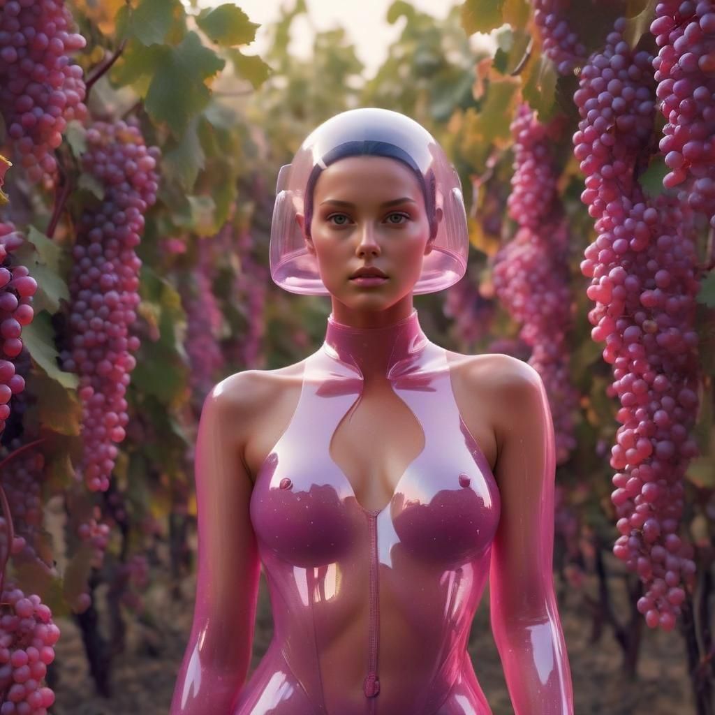 Futuristic Woman in Vineyard with Translucent Pink Bodysuit