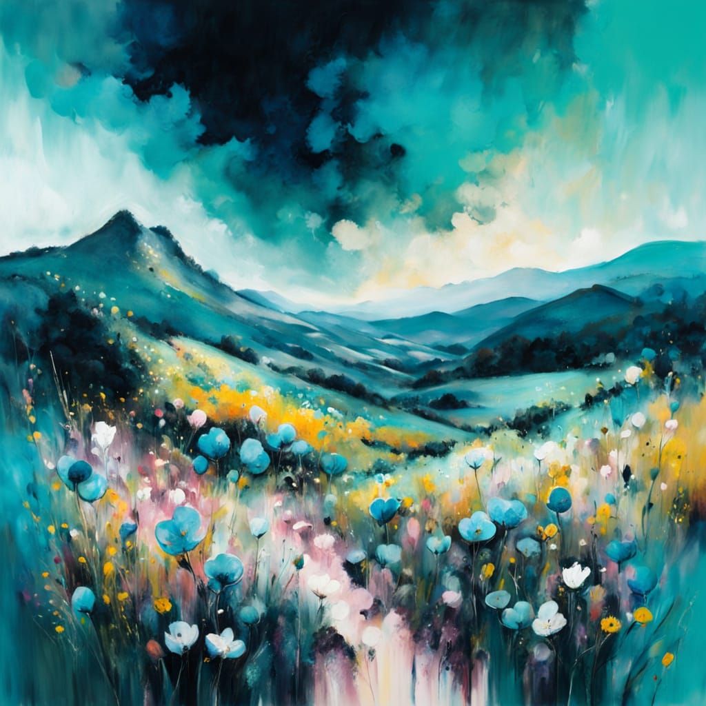 Vibrant Wildflower Landscape in Oil Painting Style
