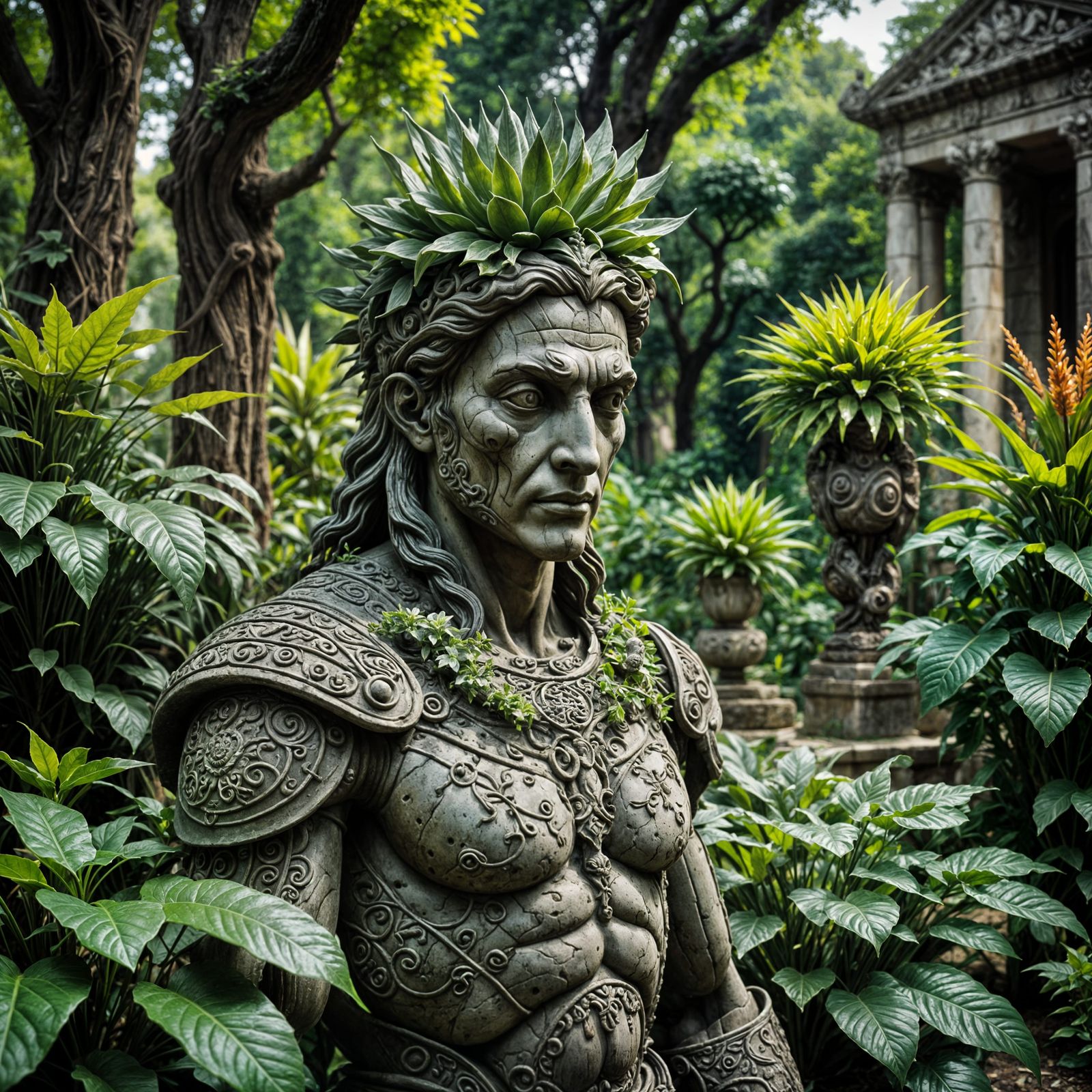 Hyperrealistic Ancient Sculpture Garden with Bizarre Plants