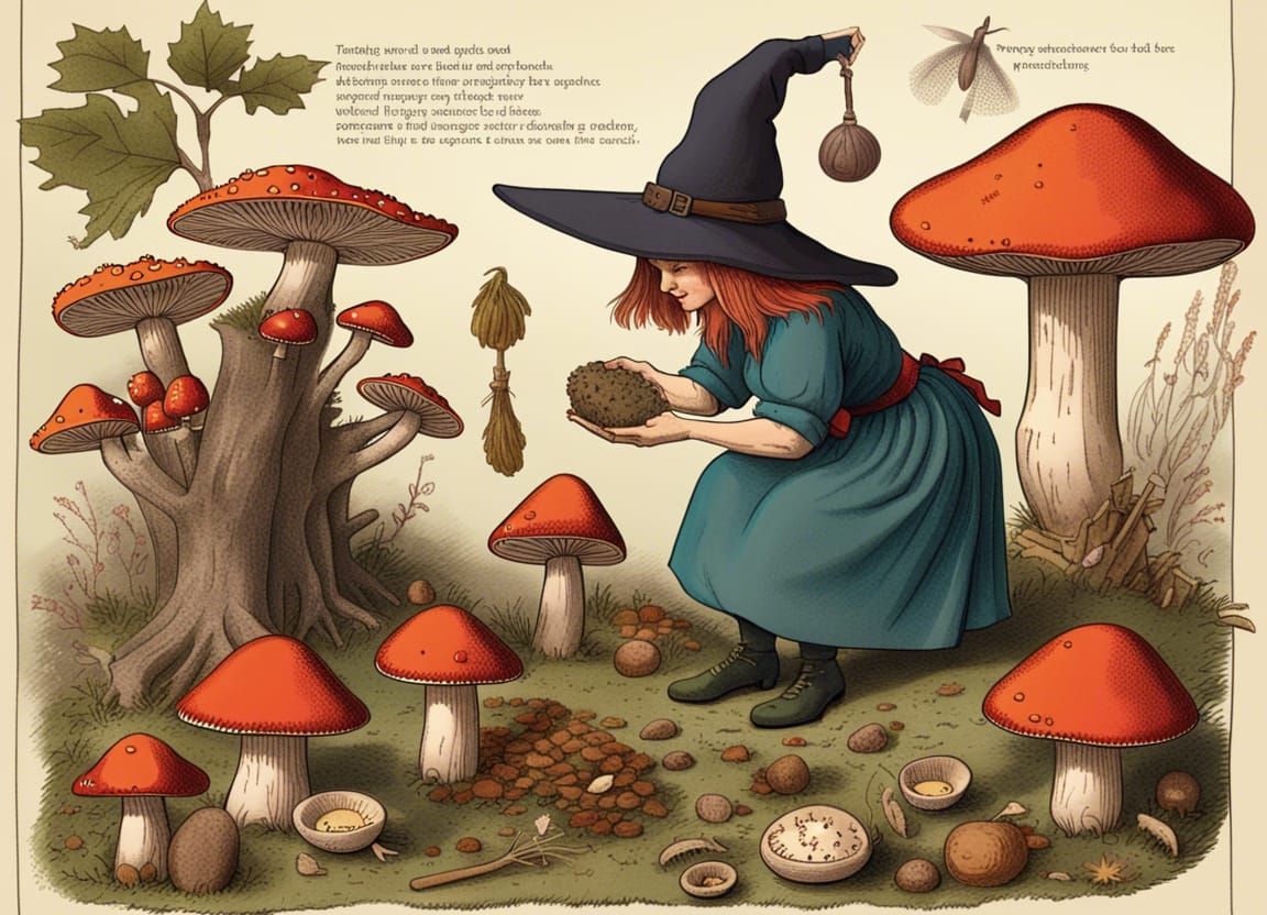 Magical Witch Harvesting Toadstools Illustration