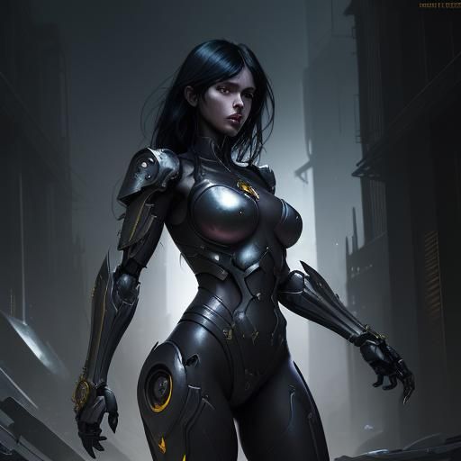 Militant Black-Haired Robot Woman: Dark Fantasy Concept Art