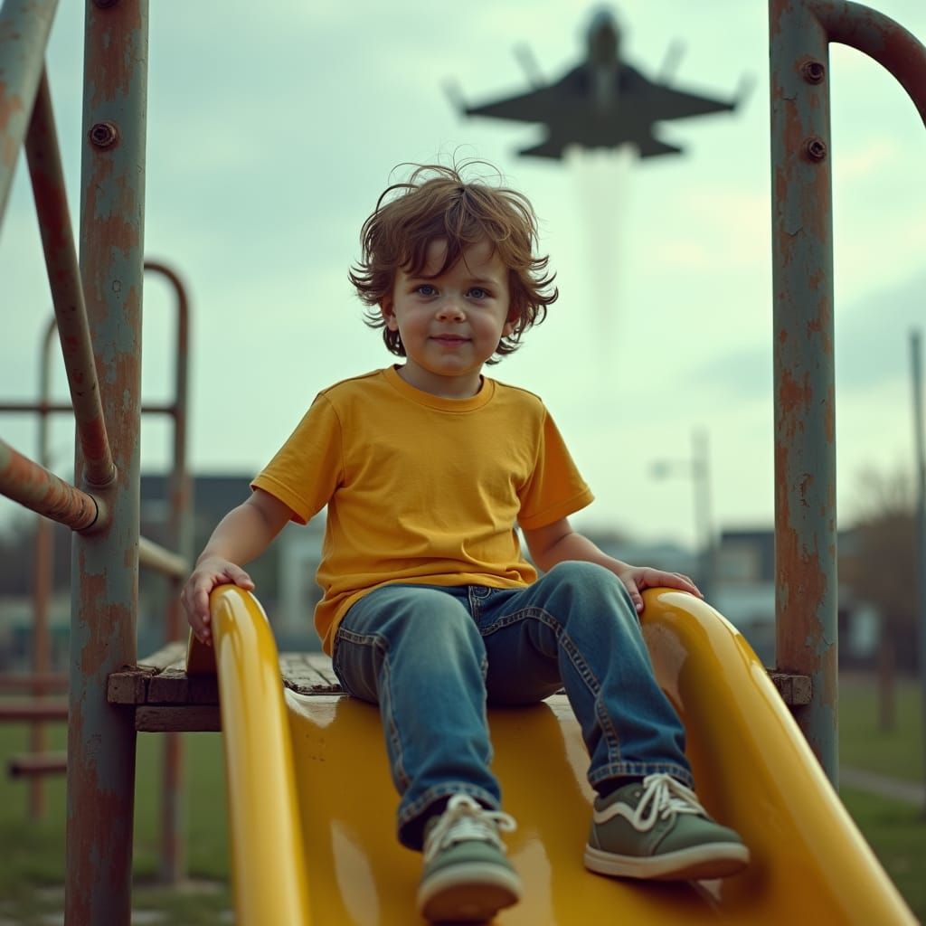 Boy on Playground with Military Jet in Background