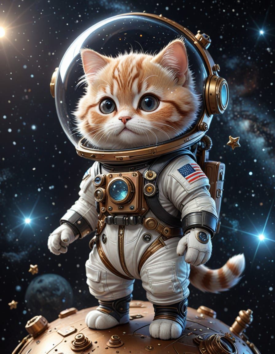 Steampunk Baby Cat Astronaut Floating in Space