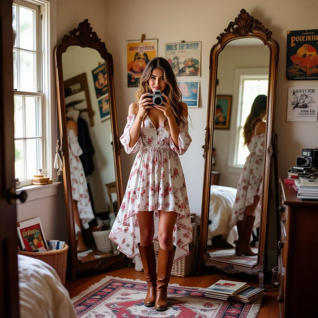 Cozy Bedroom Selfie with Vintage Camera