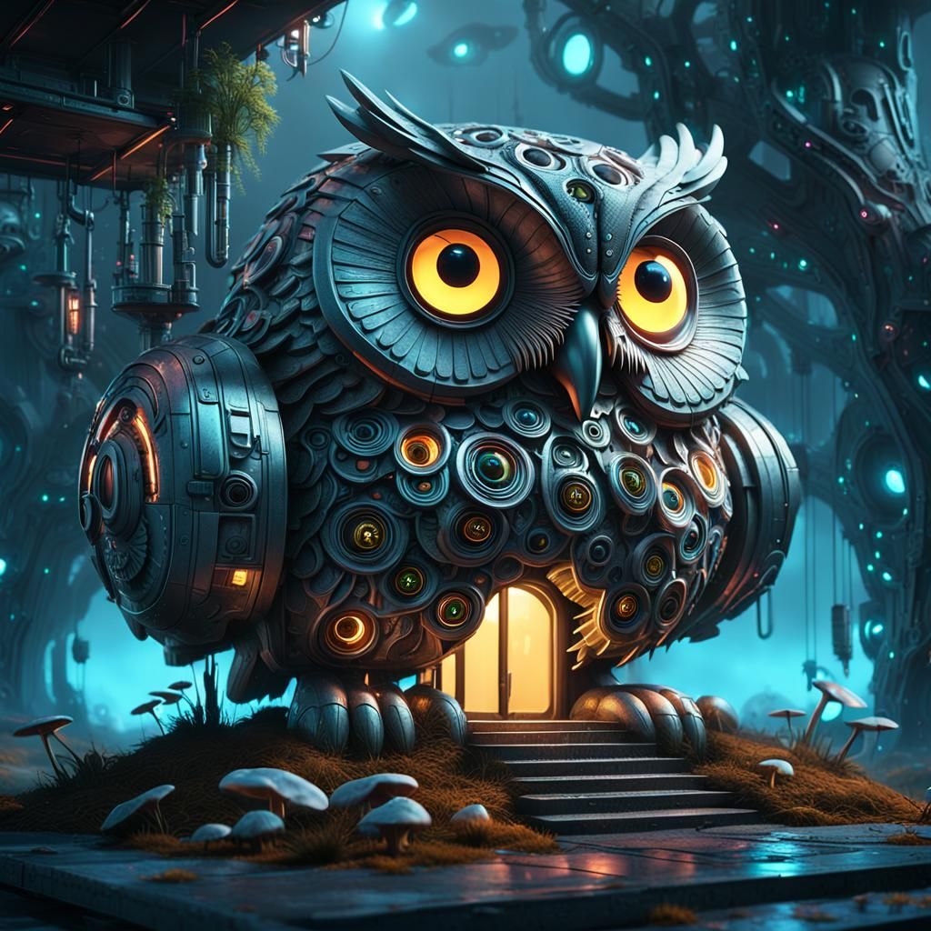Cybernetic Owl at Shroom House: Sci-Fi 3D Render