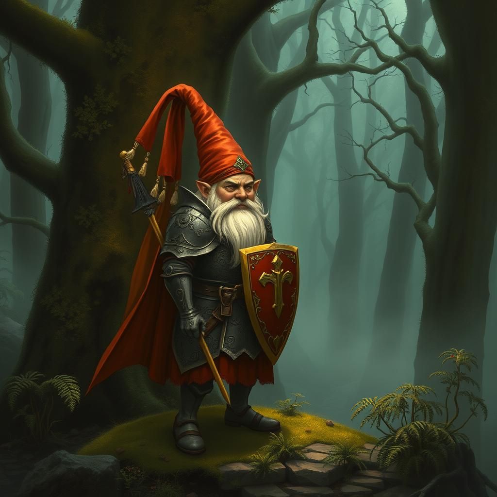 Gnome Knight in Mystical Forest, Ethereal Light