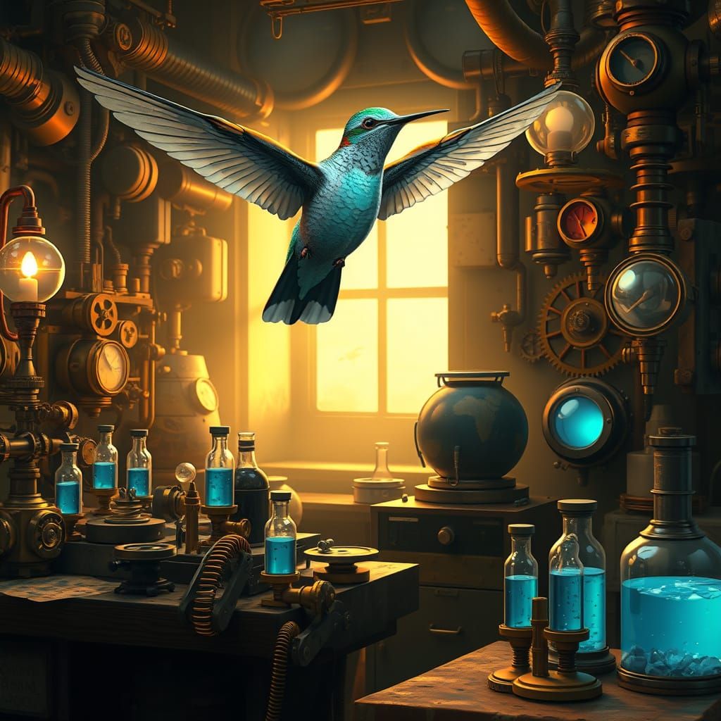 Steampunk Hummingbird in Miyazaki-inspired Workshop