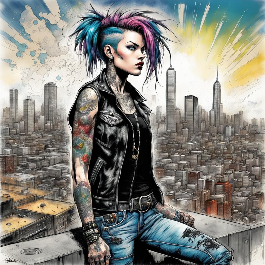 Punk Rock Girl Full-Body Sketch in Comic Book Style