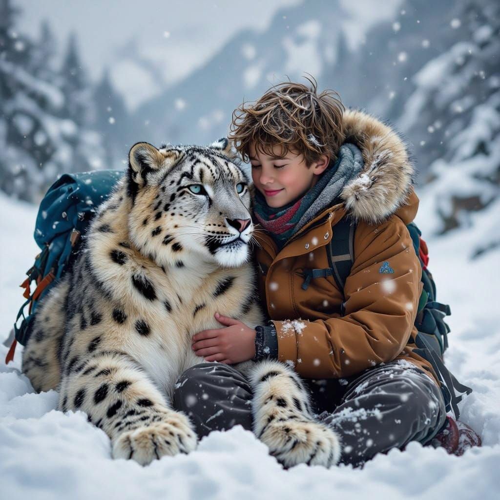 Boy and Snow Leopard Share Cozy Moment in Swiss Winter Wonde...