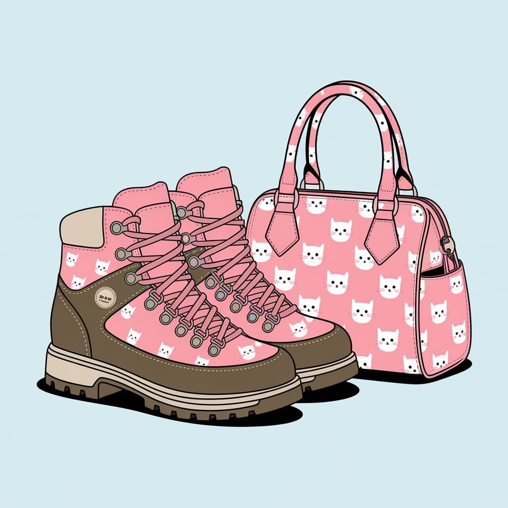 Cat Patterned Hiking Boots and Matching Handbag