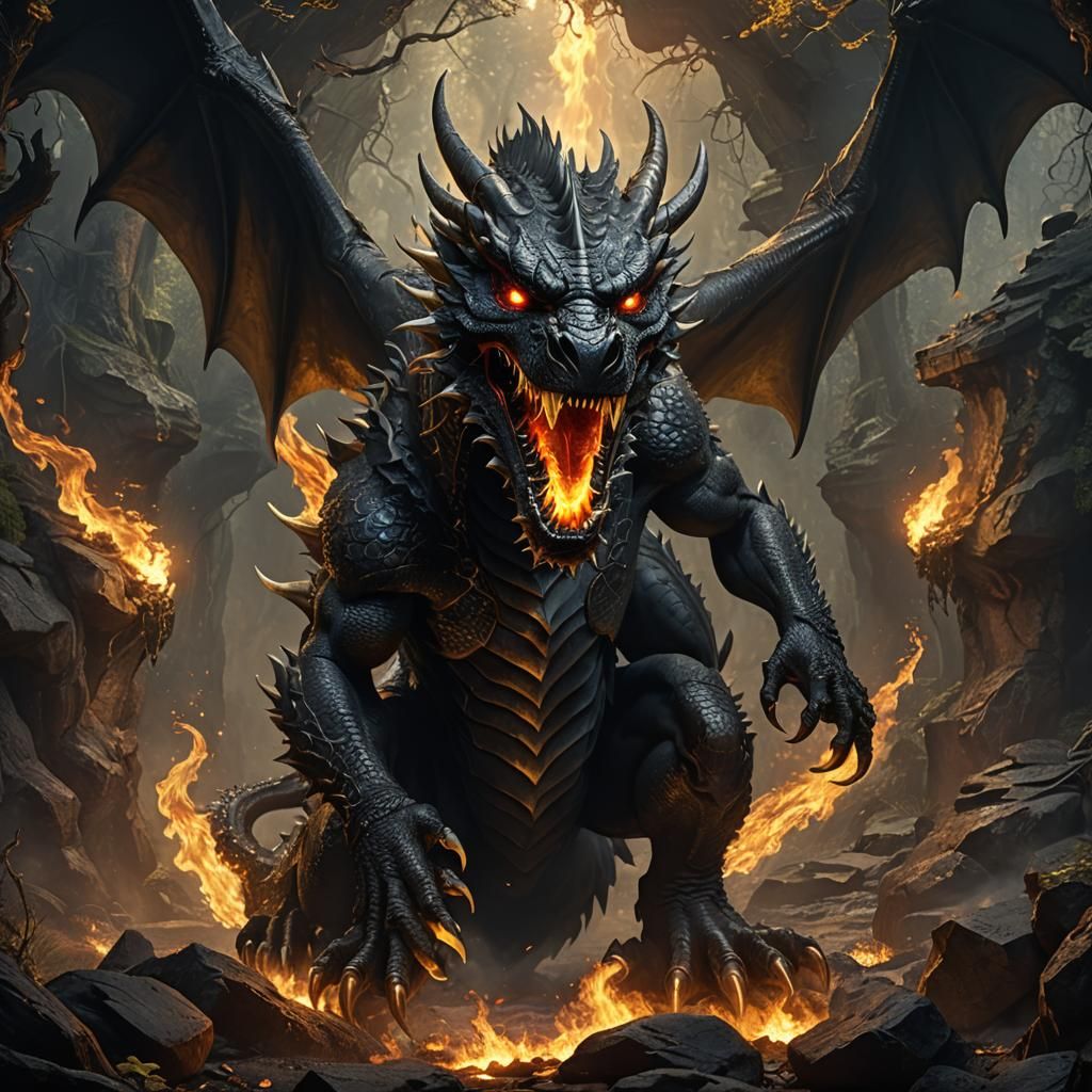 Epic Black Dragon in Gold Cave: Anime Art
