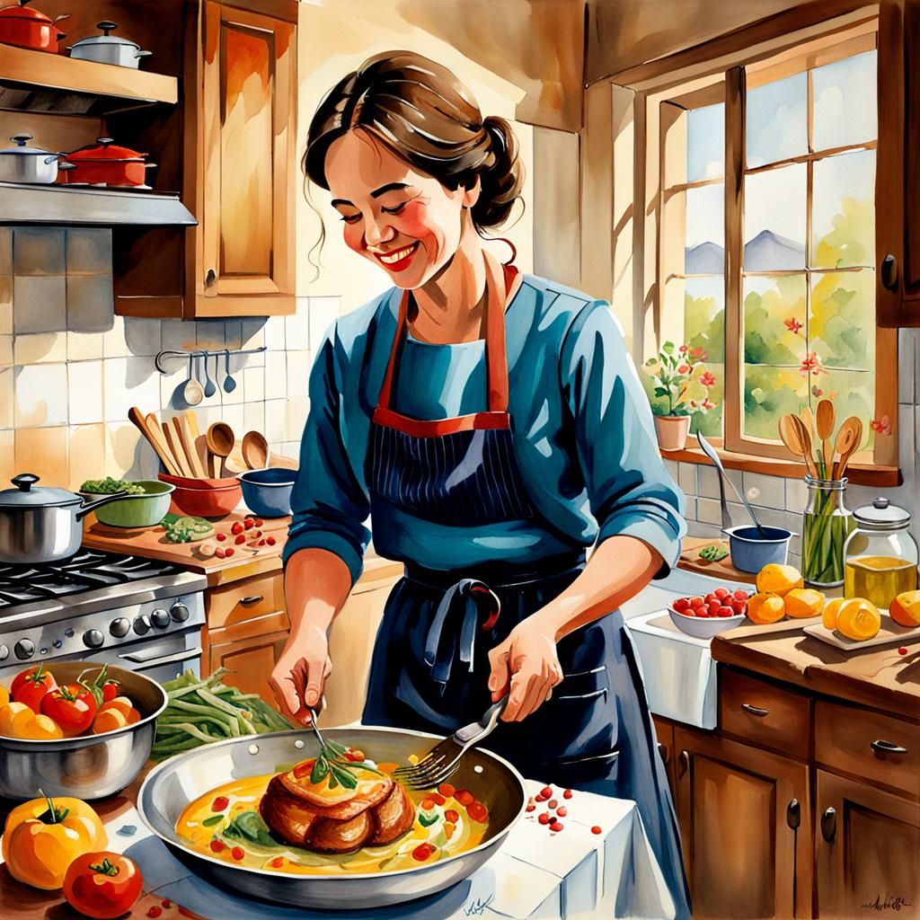Oil Painting of a Wife Cooking for Family