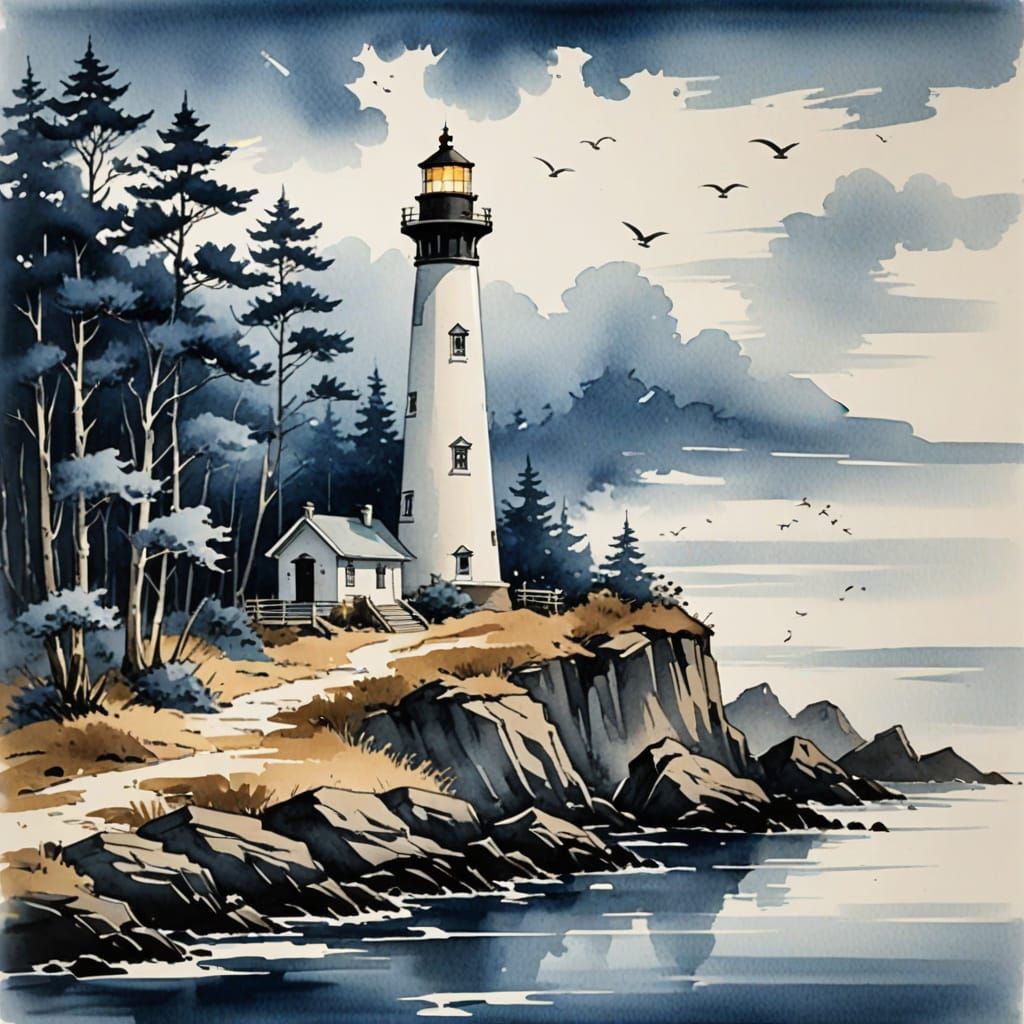 East Asian Lighthouse Serenity in Monochromatic Blue