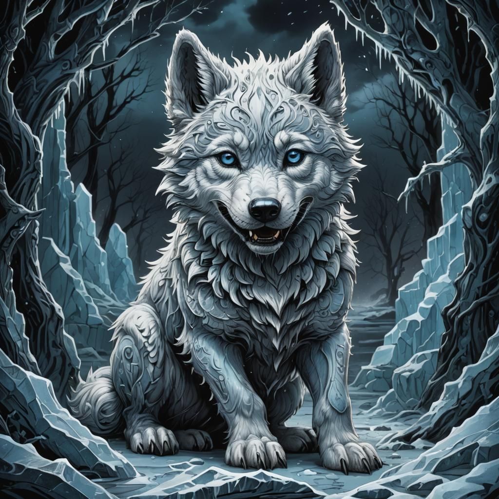 Frightening Ice Wolf Cub Portrait in Comic Art Style