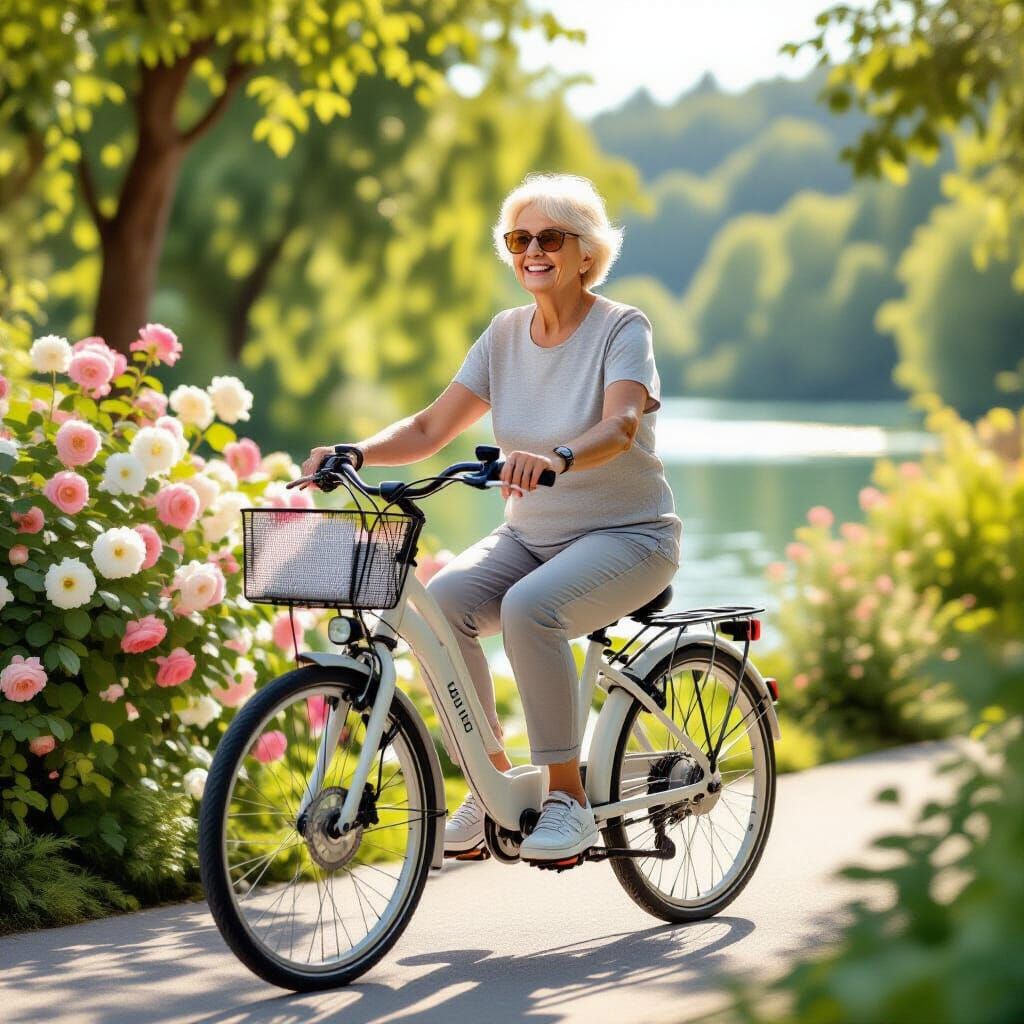 Elderly Woman Rides E-bike on Sunny Path