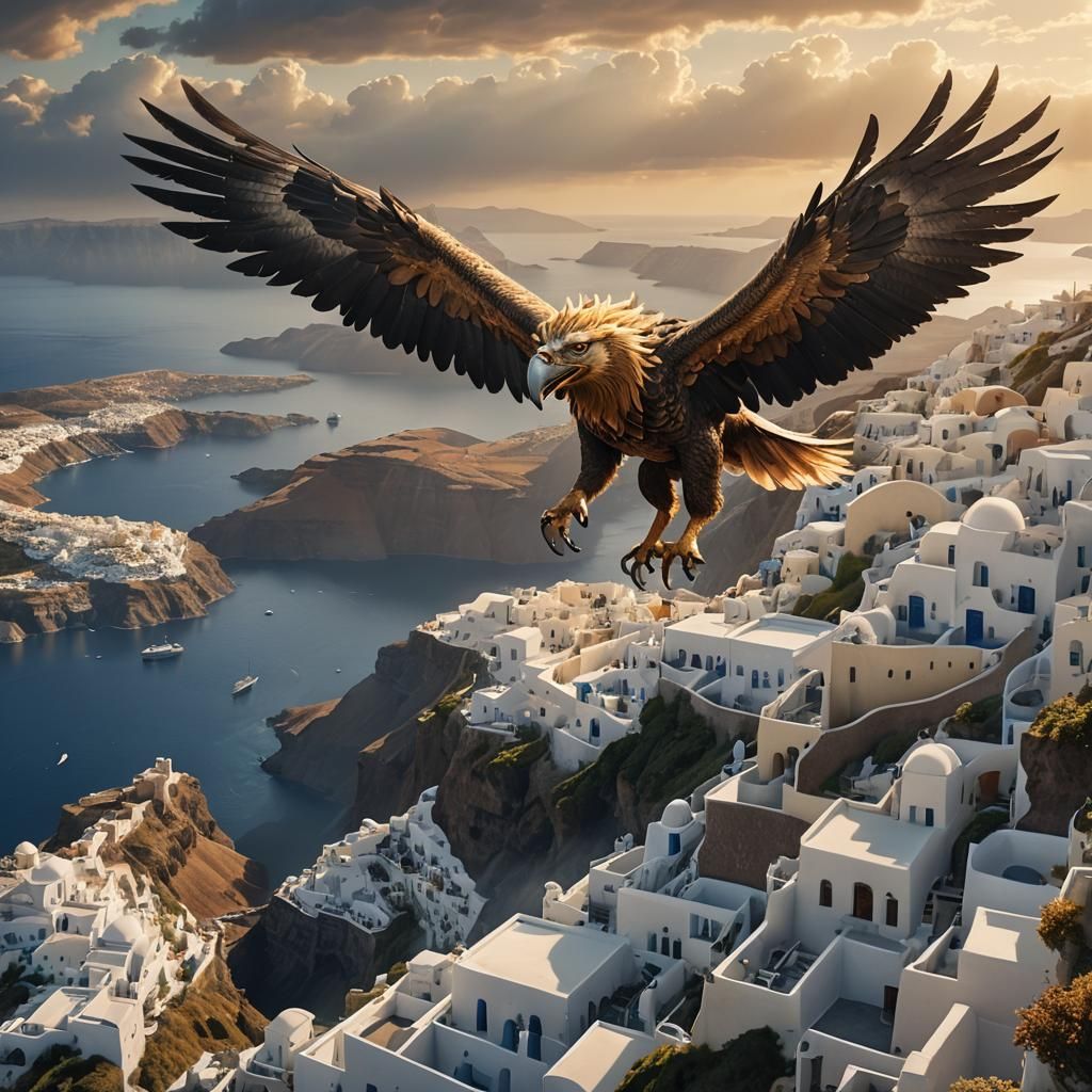 Griffin Soaring Above Santorini: Epic Digital Painting