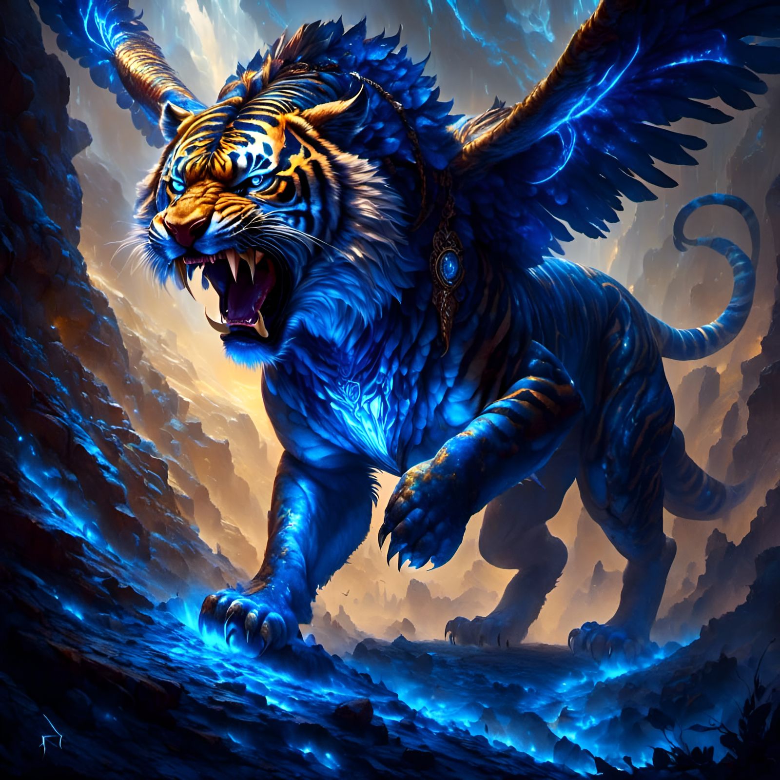 Hybrid Creature with Indigo Runes in Digital Painting