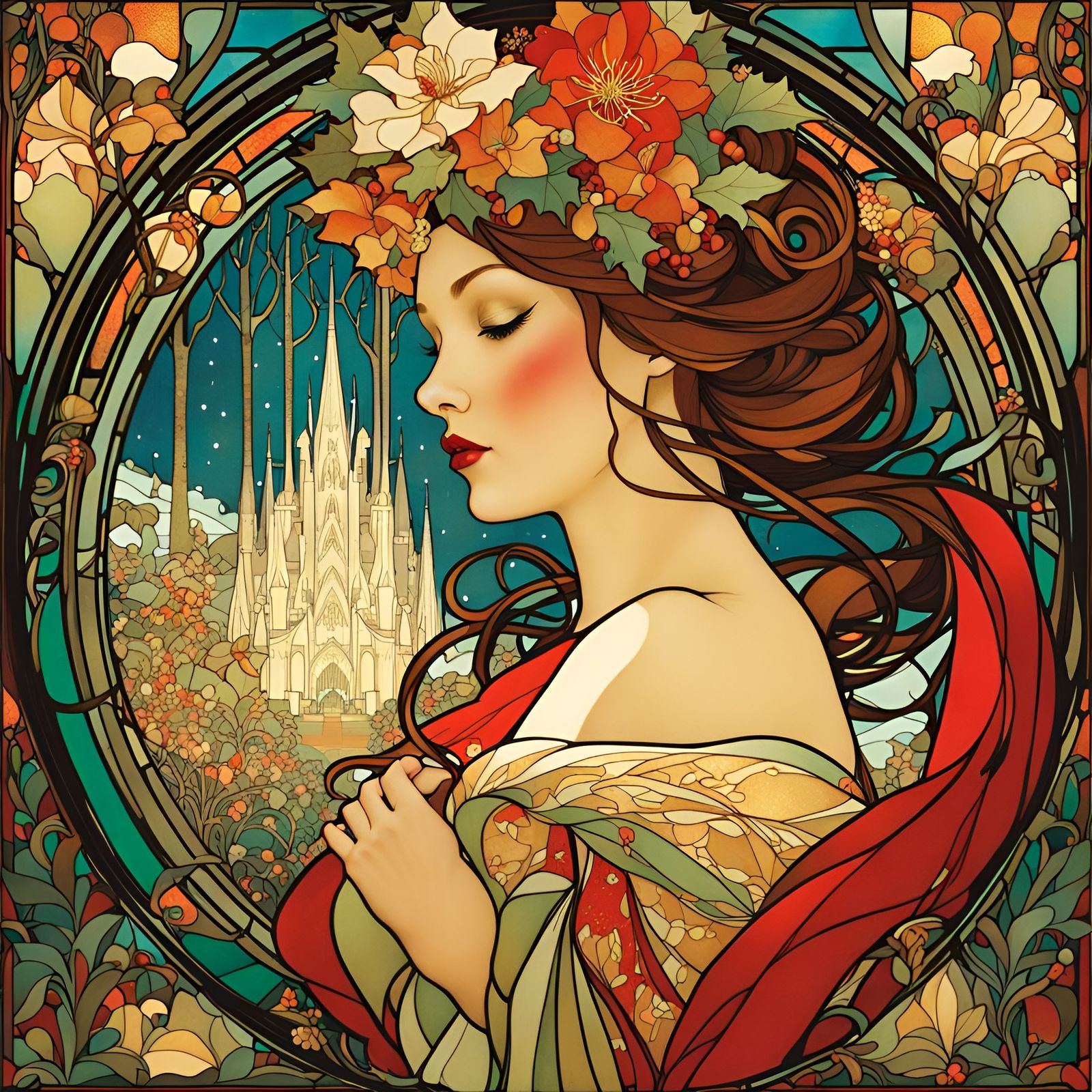 Stained Glass Christmas Princess in Art Nouveau Style