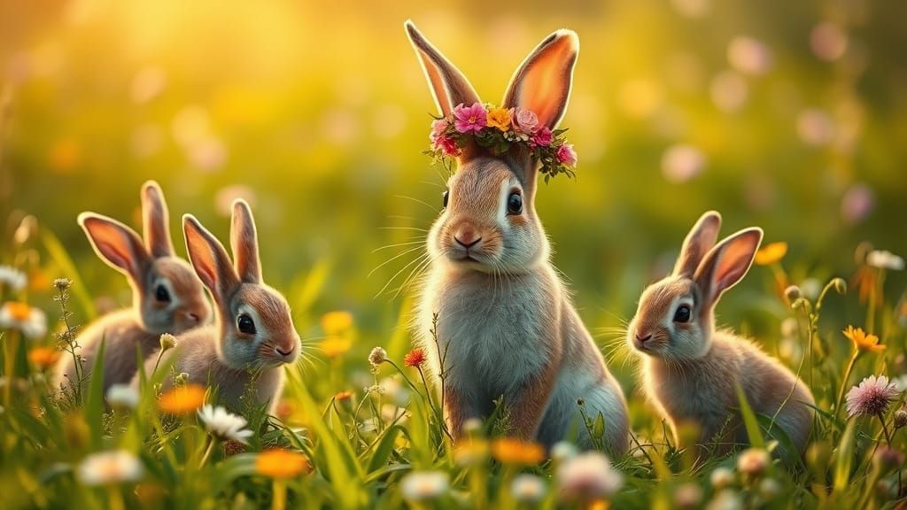 Bunny Mother and Children in Whimsical Summer Meadow