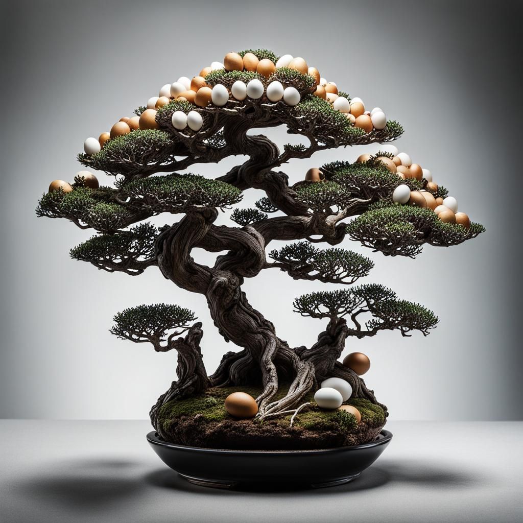 Eggs Bonsai Tree in Hyper Detailed Realism