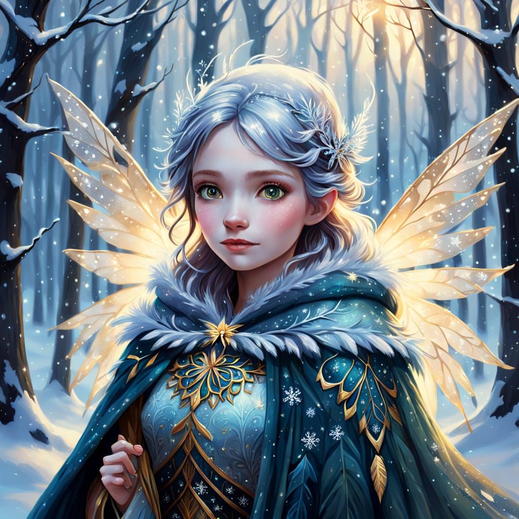 Winter Fairy in Snowy Forest: Whimsical Oil Painting