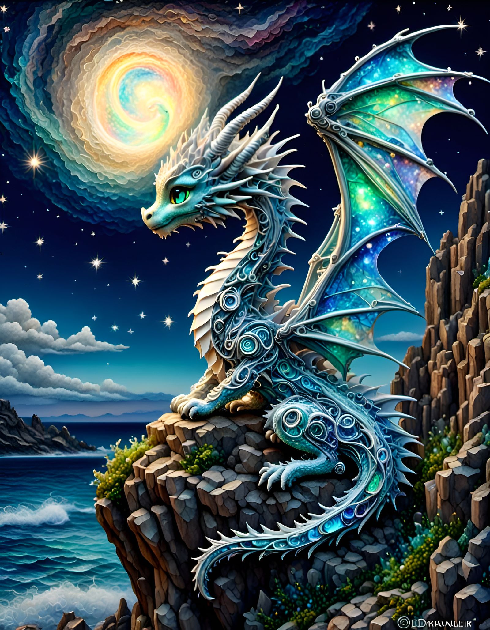 Chibi Dragon Overlooking Moonlit Ocean