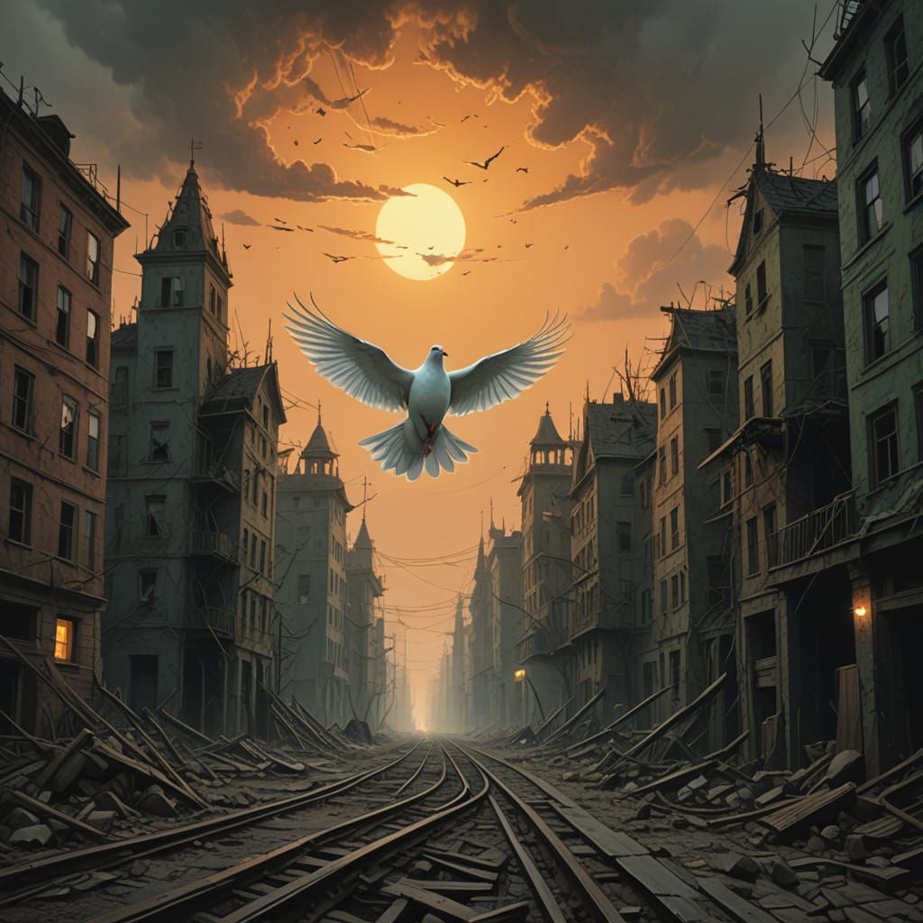 Dove in Desolate Cityscape at Dawn