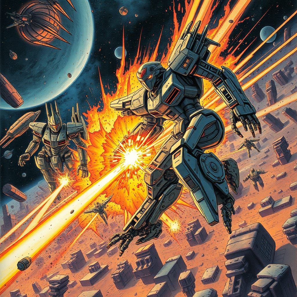 Epic Mecha Space Battle in Comic Book Style