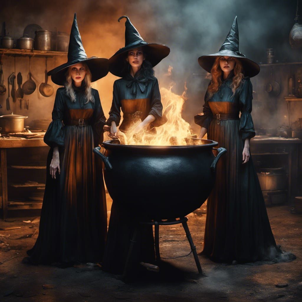 Three Witches Brewing Potion: Digital Art