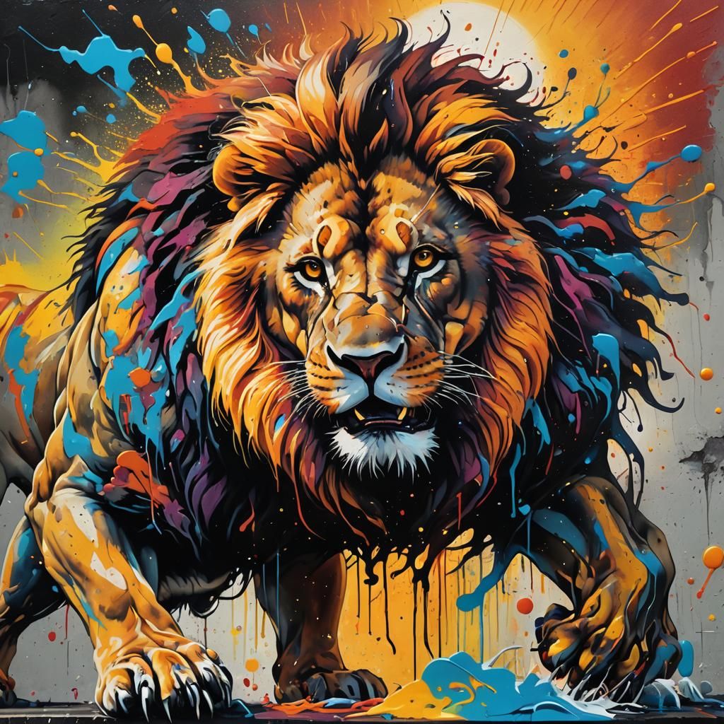 Lion Versus Sun in Graffiti Splash Art Style